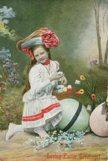 Free Easter graphic. A copy of an antique, Easter postcard of a young girl in her Easter finery.