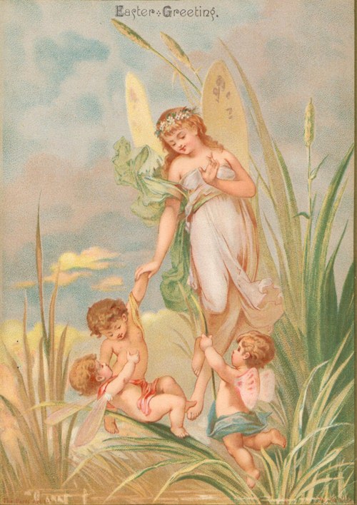 Free Easter graphic. A copy of an antique, Easter postcard showing an angel and children.