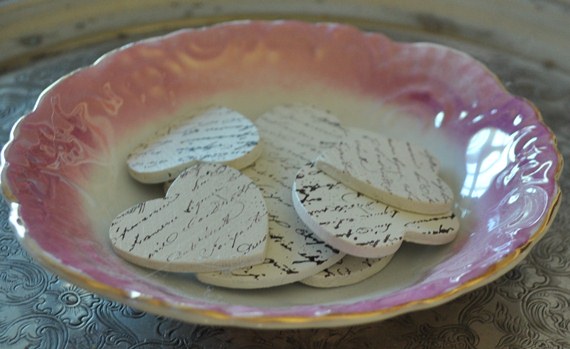 French script stamped chipboard hearts: Just Vintage Home