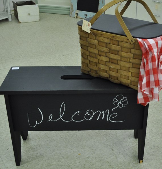 Chalkboard painted bench and picnic basket : Just Vintage Home