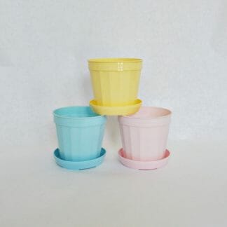 Mid century flower pots - pink, aqua and yellow plastic