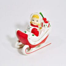 Vintage Christmas Decoration Girl Riding Sleigh Spaghetti Trim Relco Ceramic