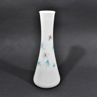 Mid century starburst milk glass vase. Aqua and gold starbursts. Available at Just Vintage Home.