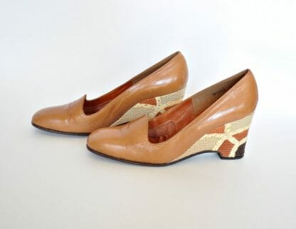 1980's wedge heel shoes with snakeskin look patchwork heels in size 6. Browns and tans. By Mr. Seymour.