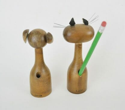 Mid century dog and cat wood pencil holders