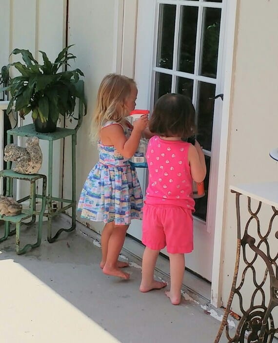 The girls cleaning the door windows