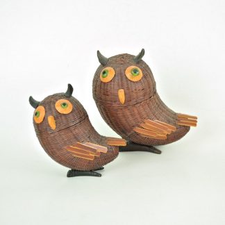 Vintage wicker owl basket set. Two rattan owl trinket boxes.