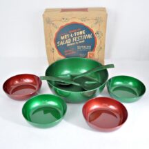 Colorful 1950s plastic Met-L-Tone Salad Festival set with box