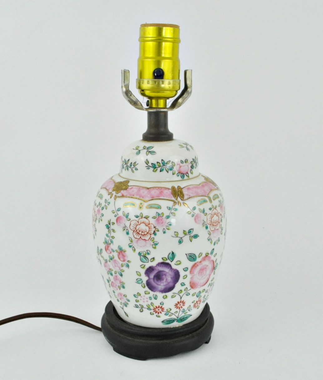 Small pink floral ginger jar lamp