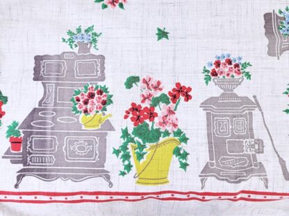 Vintage Bridge Tablecloth with Old Fashioned Wood Stoves and Flowers