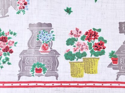 Vintage Bridge Tablecloth with Old Fashioned Wood Stoves and Flowers