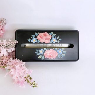Vintage 1960s Metal Tissue Box Cover - Black with Pink Roses