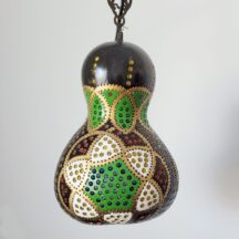 Vintage hanging gourd light. Handmade gourd lamp, black with intricuit design and colorful half beads.