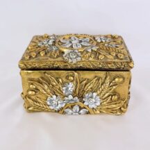 Jaru ceramic box. Antiqued gold with silver flowers. Dated 1974. Large size