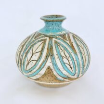Susan Brown Freeman pottery vase. Turquoise leaf design. Alabama potter