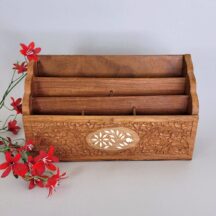 Sheesham mail holder. Bohemian decor, Carved wood desk organizer