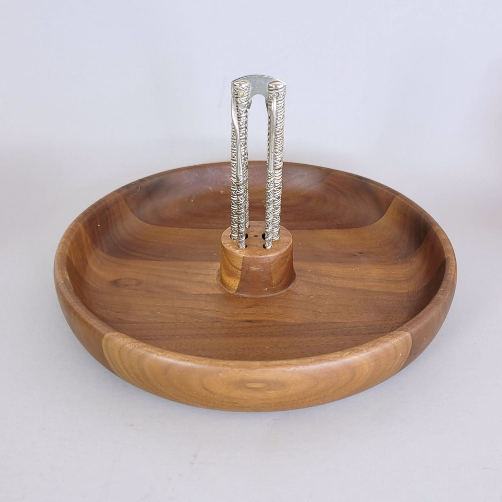 Vintage wood nut bowl with nut cracker and picks. Made by Margaret Studios