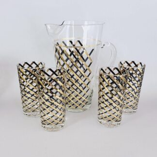 Vintage barware set. Pitcher and 4 glasses. Glass with black and gold criss-cross pattern