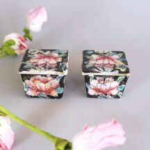 Tiny Chinese porcelain pill boxes. Navy with pink flowers.