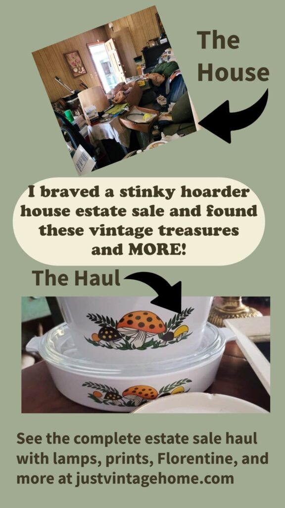 Vintage estate sale haul from a hoarder house featuring Sears Merry Mushroom canisters, an Aladdin beehive lamp, and mid-century modern treasures.